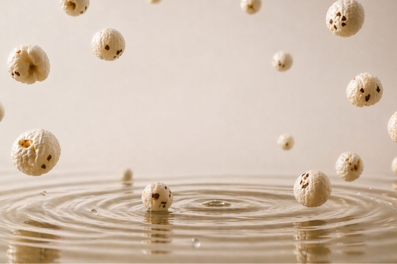 White spherical objects floating on water with ripples.